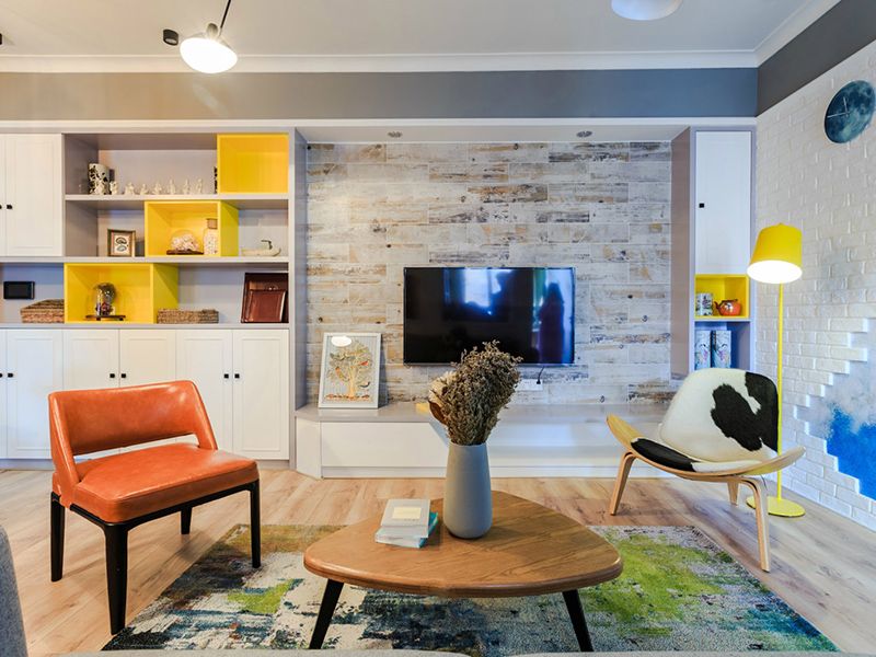 色彩鲜明木质感北欧客厅背景墙设计 - 效果图