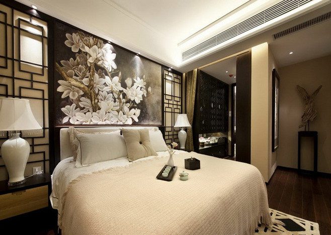 唯美大气中式主卧 花朵背景墙效果图