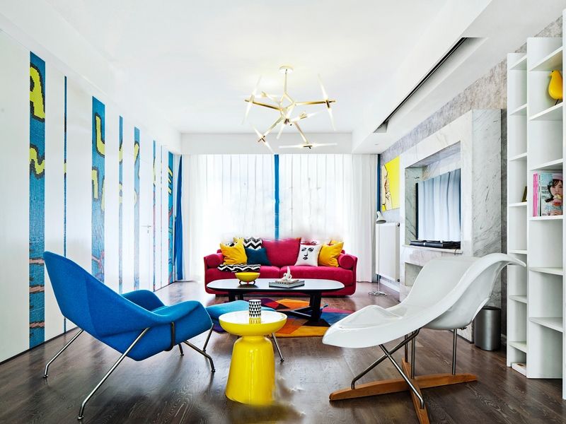 撞色波普风客厅背景墙图片
