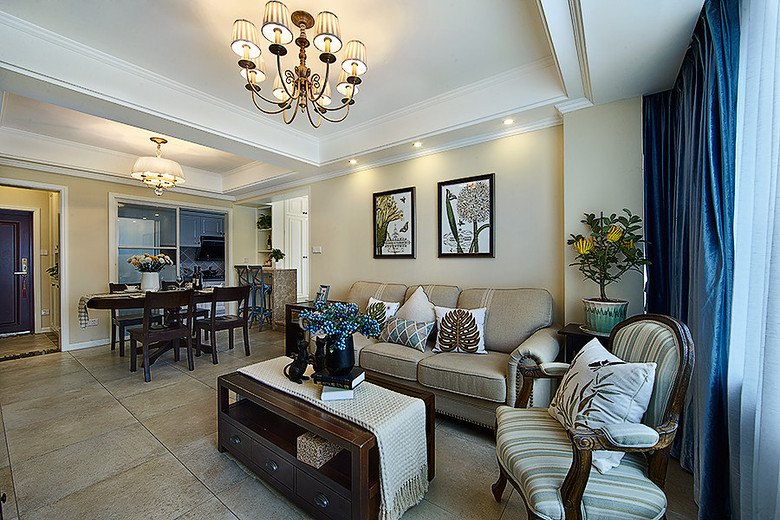 光鲜亮丽美式二室餐厅客厅一体化装饰效果图