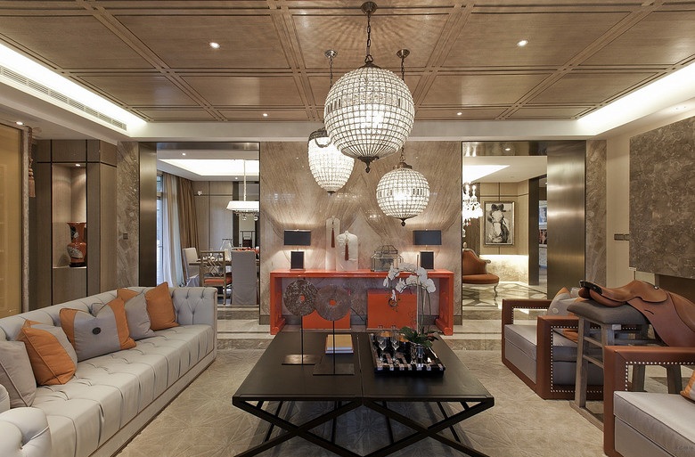 格调高雅现代中式三居客厅隔断背景墙设计案例图