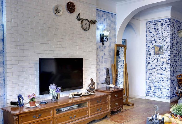 简约复古地中海客厅白色电视背景墙