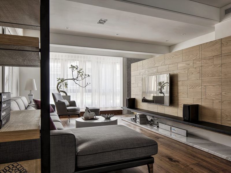 素雅幽静现代三居室之客厅原木背景墙 - 效果图