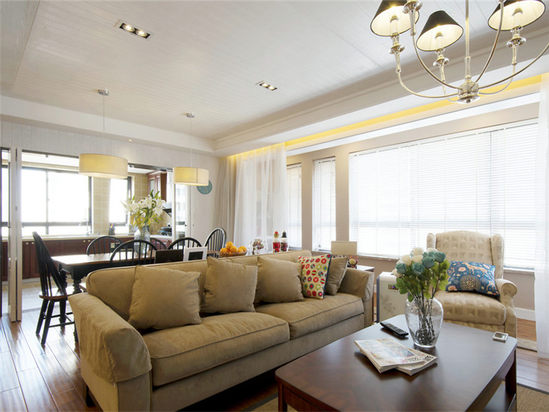 现代美式简约开放式客厅餐厅效果图