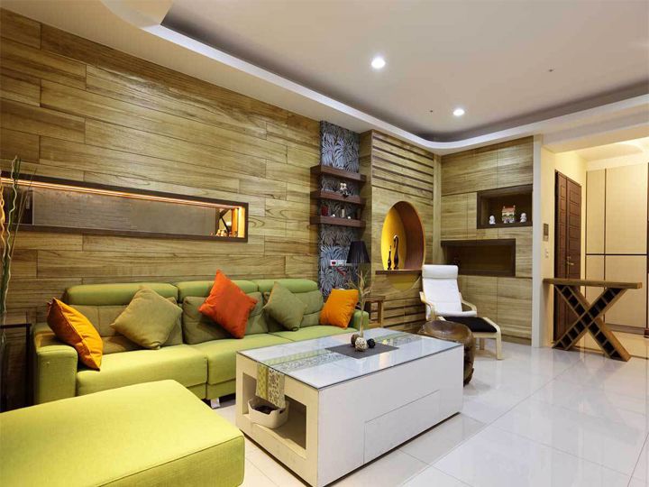 清爽现代小户型单身公寓客厅实木收纳背景墙设计图 - 效果图