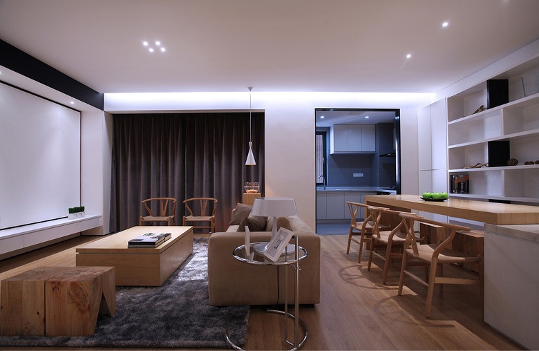 简约实木二居餐厅客厅一体化设计欣赏图 - 效果图