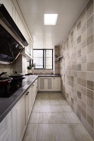 淡雅美式风格L型时尚厨房设计效果图