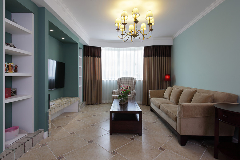 青绿复古美式客厅电视背景墙效果图 青绿复古美式客厅电视背景墙效果图