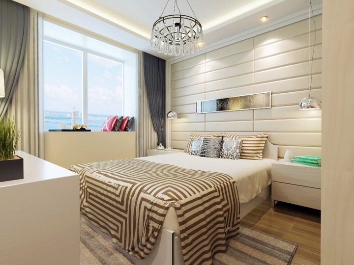 时尚现代风卧室 格子软包背景墙设计 - 效果图