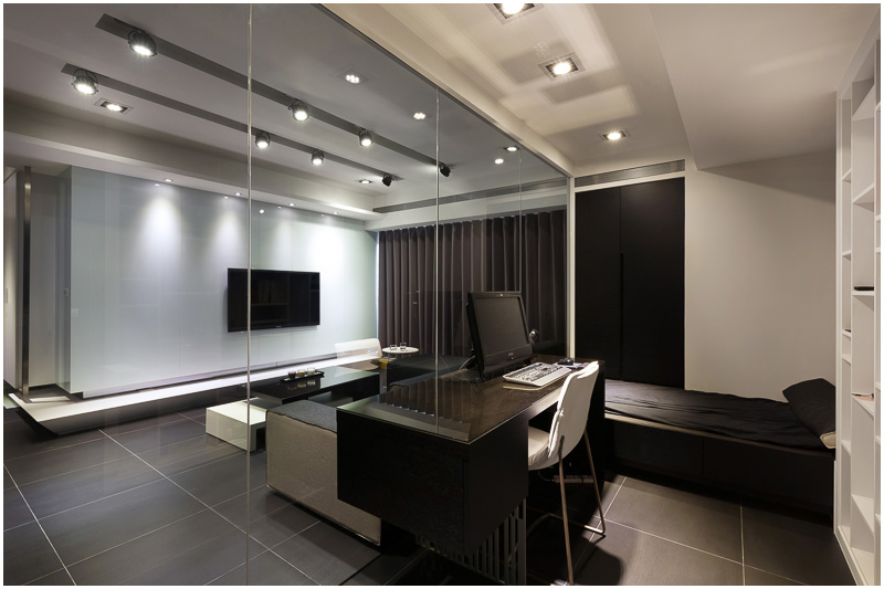 黑色时尚现代卧室书房一体装饰效果图