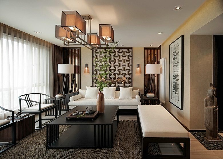 古朴日式风格客厅软装饰效果图