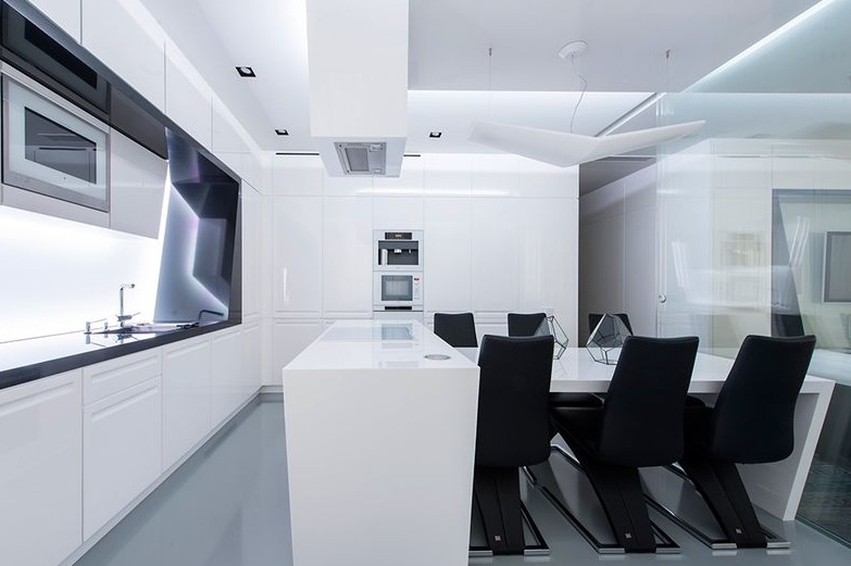 时尚黑白简约风格公寓餐厨房一体设计装修图 - 效果图