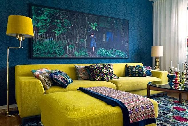 蓝黄撞色系 混搭风沙发背景墙设计 - 效果图