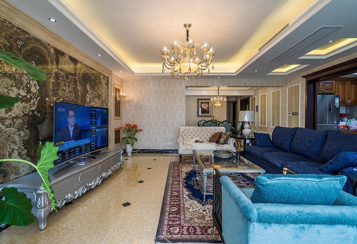 欧式复古混搭地中海客餐厅一体背景墙效果图