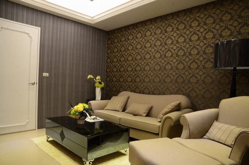 简欧客厅咖色系墙纸装饰图 - 效果图