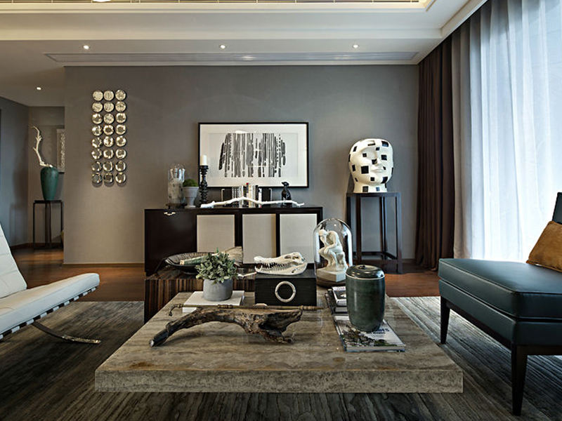 沉稳摩登混搭美式客厅大理石茶几效果图