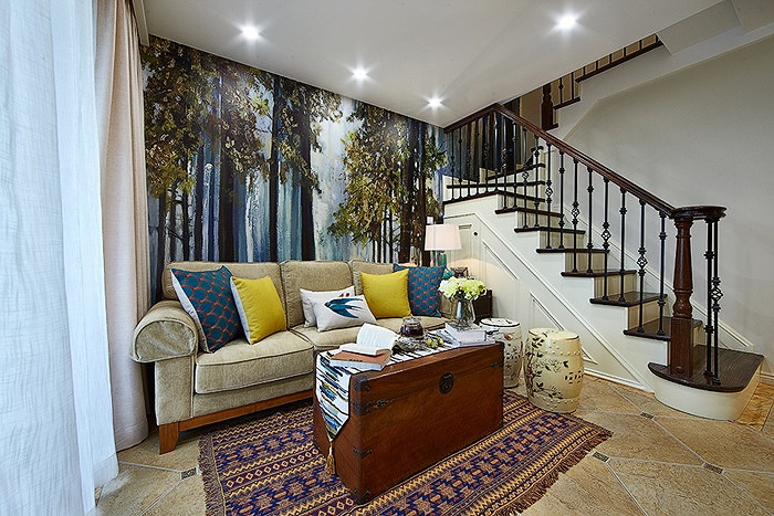 简洁怀旧时尚美式小复式铁艺楼梯装饰效果图