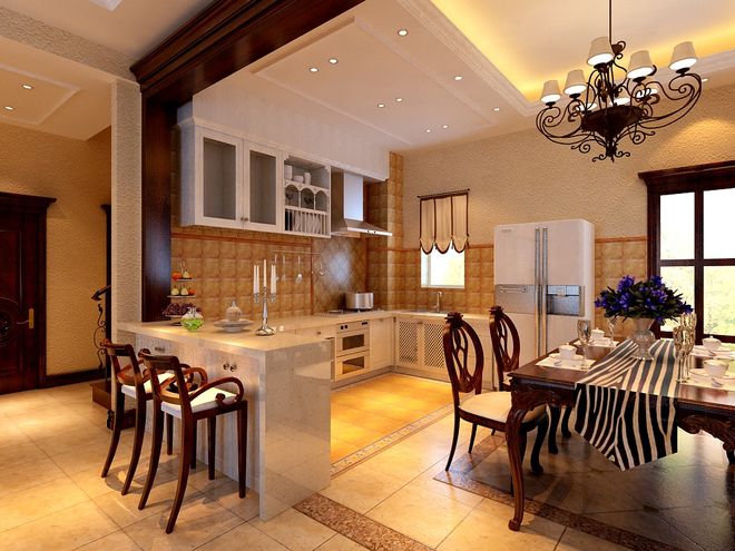 悠闲舒畅美式田园开放式餐厨房一体设计装修图 - 效果图