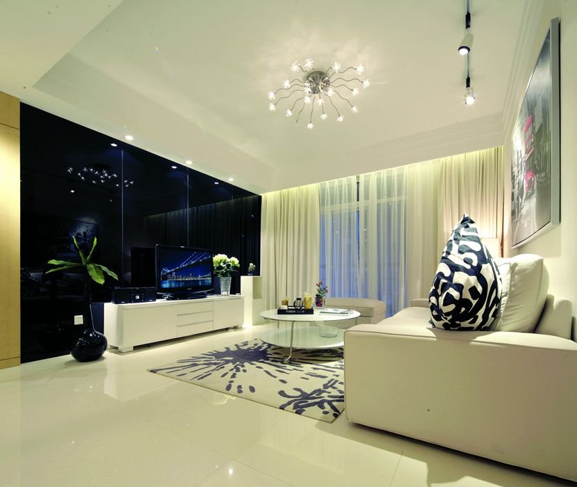 简约客厅超大镜面电视背景墙效果图