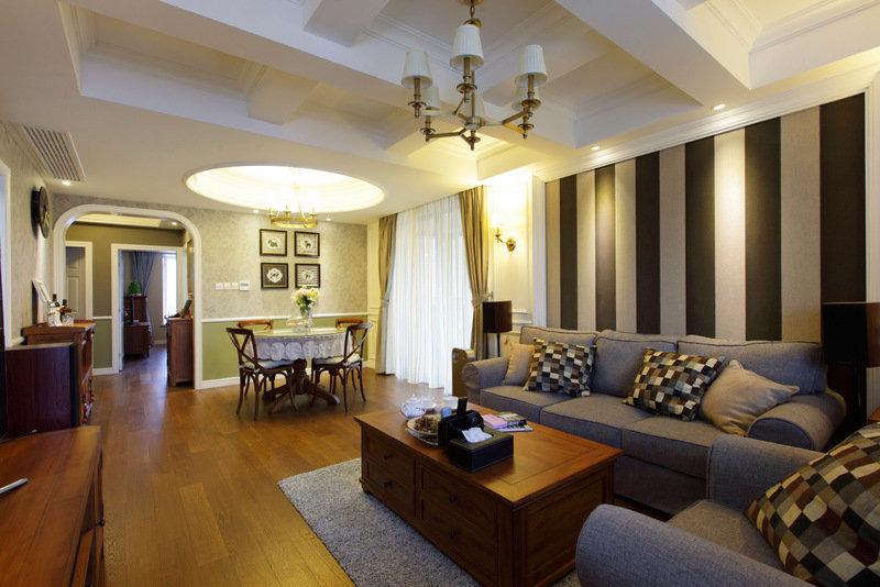 舒适美式简约复古风格客餐厅一体效果图