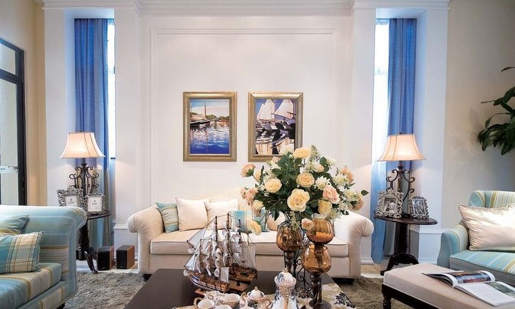 清新美式地中海客厅沙发背景墙效果图 清新美式地中海客厅沙发背景墙效果图