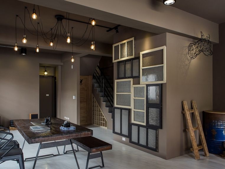 混搭loft工业风餐厅楼梯创意背景墙装饰