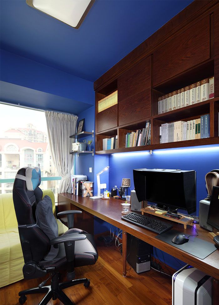 个性蓝调现代混搭书房实木隔断效果图