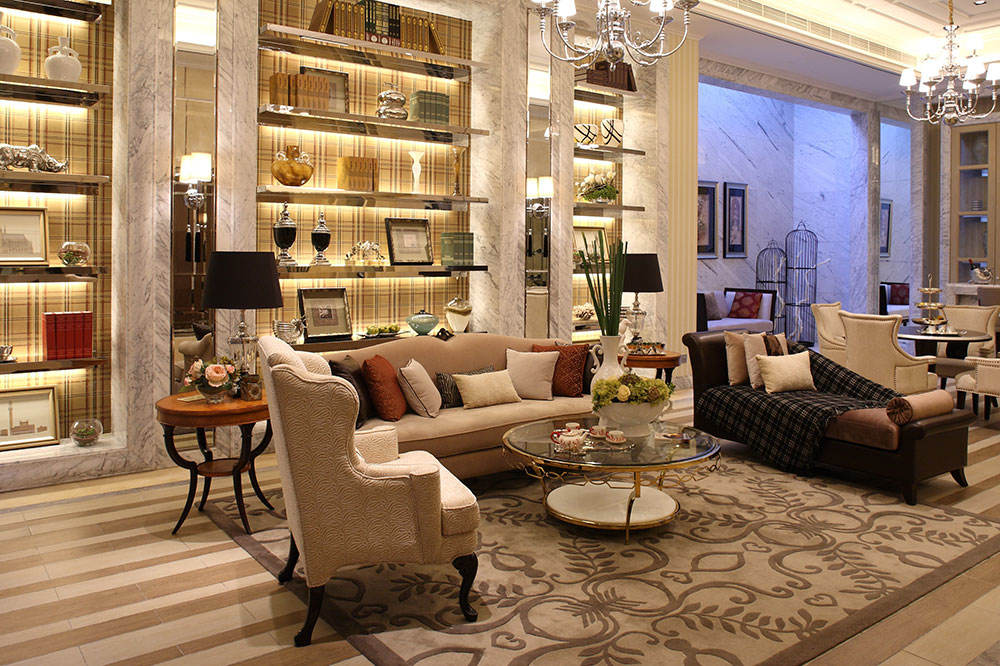 法式新古典别墅客厅嵌入式收纳背景墙设计 - 效果图