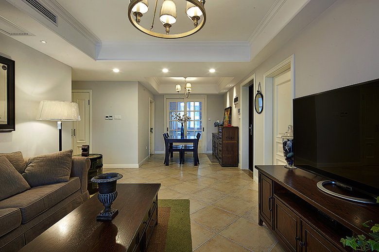 110平米复古文艺美式三居餐厅客厅一体化设计图