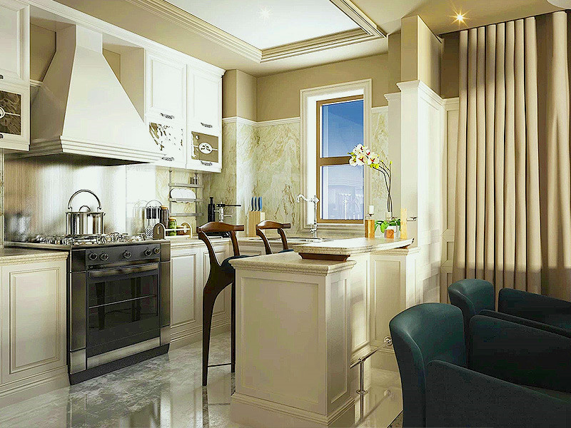 现代风开放式装修厨房吧台效果图