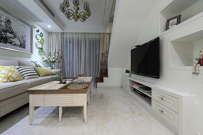 唯美浪漫简约美式复式客厅装修美图 - 效果图