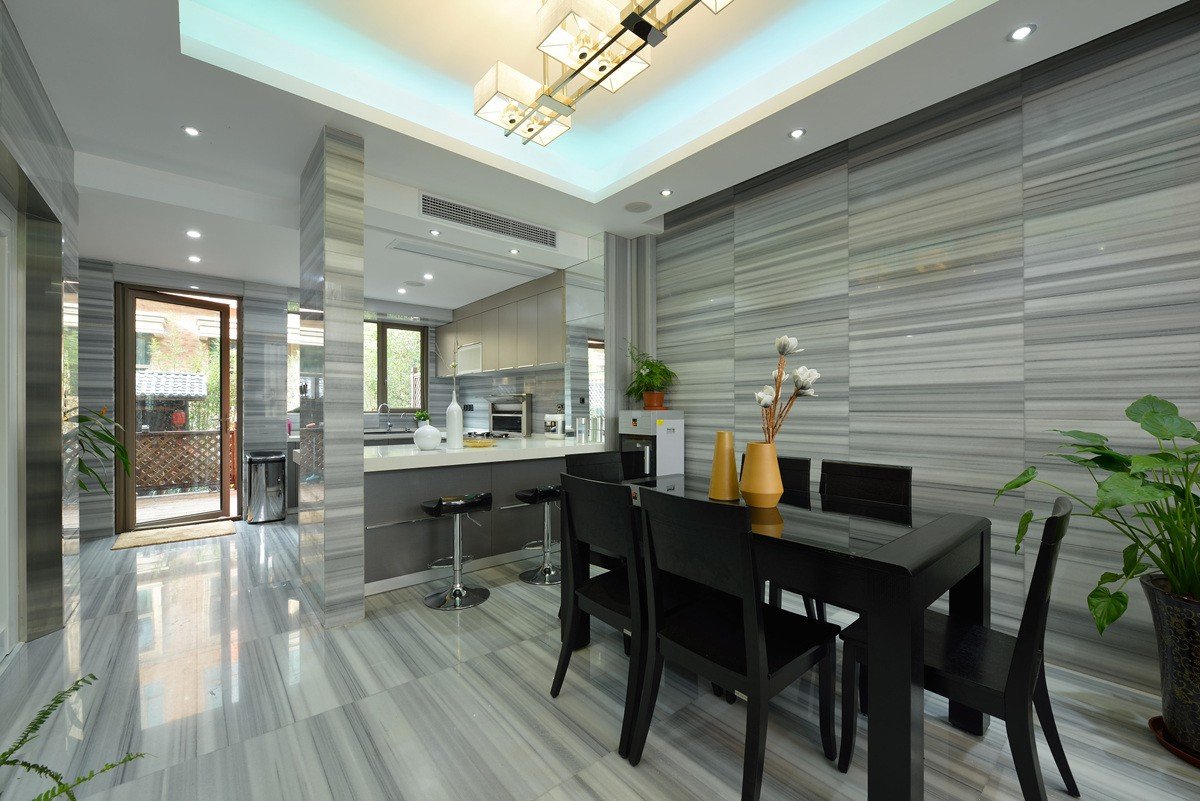 后现代吧台瓷砖背景墙餐厅设计 - 效果图