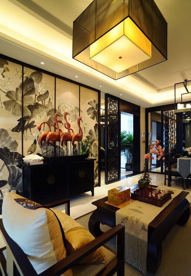 端庄古典中式风格客厅油画背景墙装饰图 - 效果图