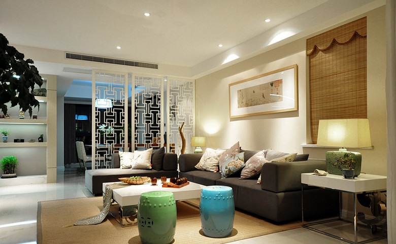 110平创意简约中式三居餐厅客厅隔断屏风效果图