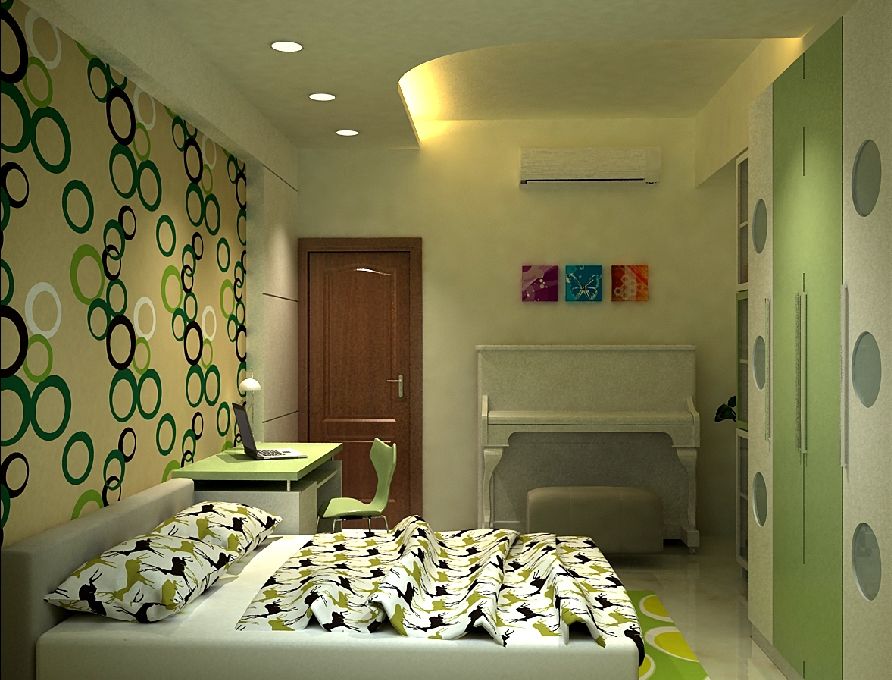 绿色圆点小清新次卧背景墙效果图 绿色圆点小清新次卧背景墙效果图