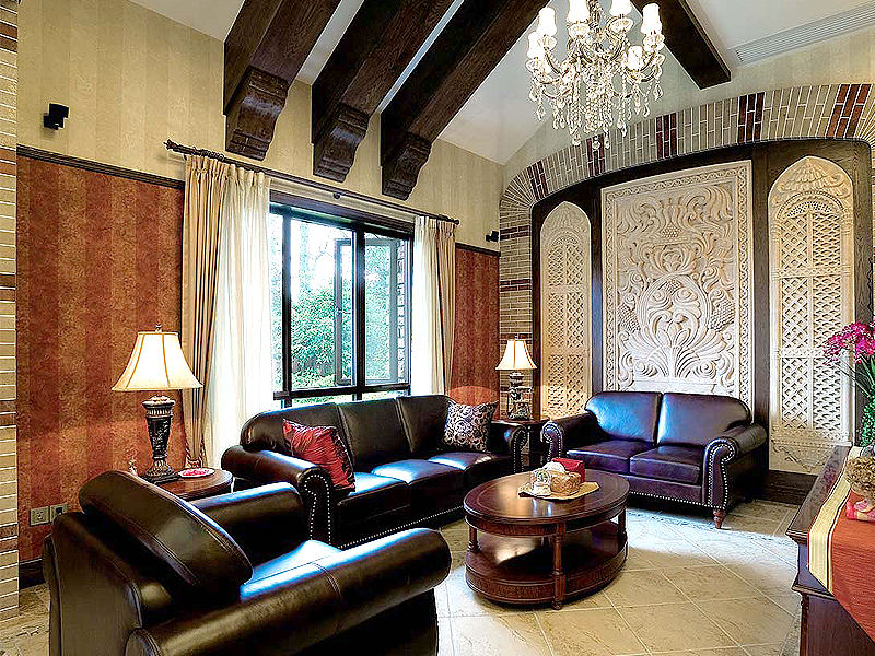 豪华复古田园别墅客厅沙发背景墙装潢效果图