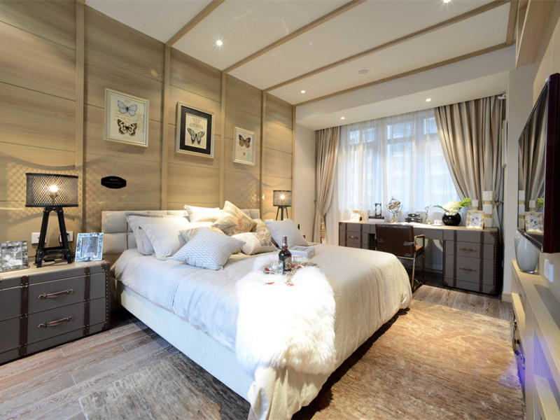 田园卧室实木背景墙装修效果图