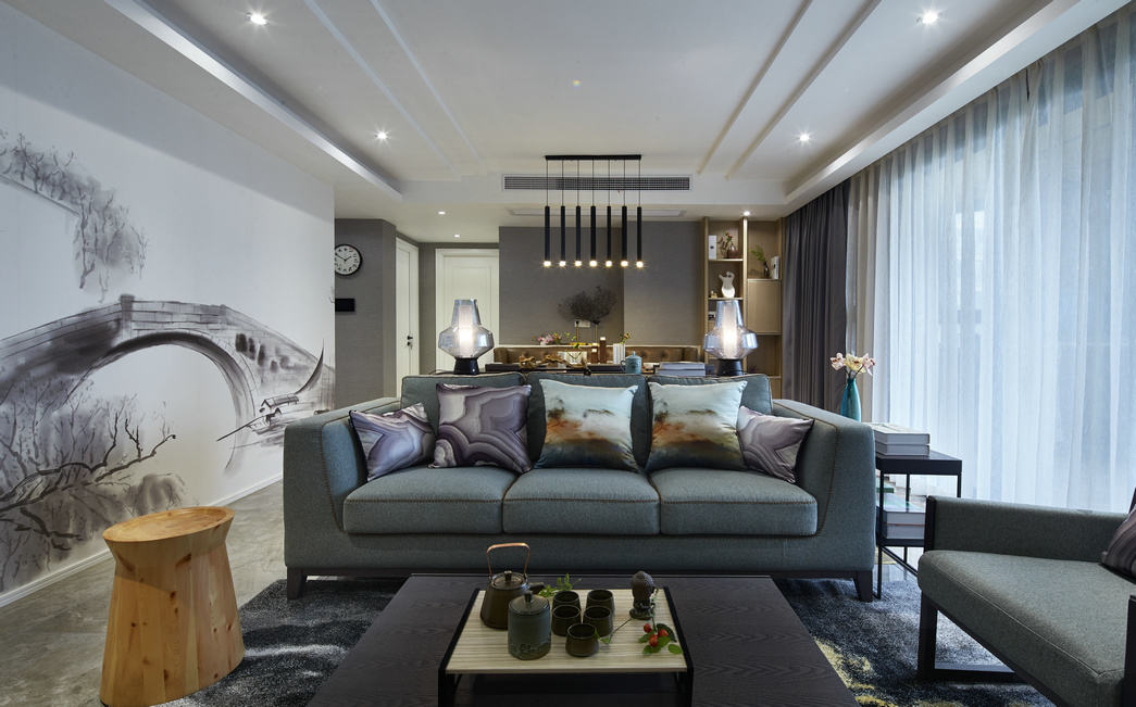 后现代风客厅水墨画背景墙图片 - 效果图