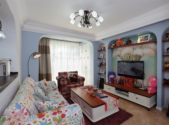 混搭小客厅多功能储物柜背景墙效果图