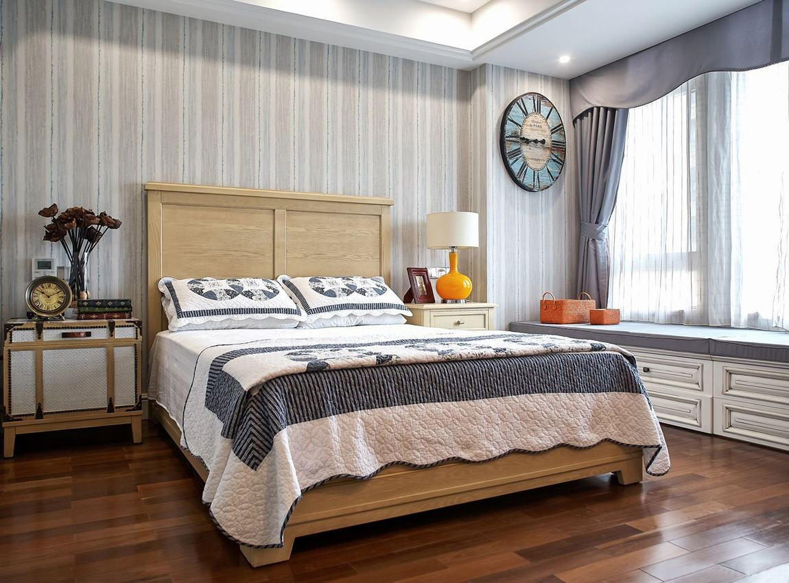 简约美式风格卧室飘窗收纳柜设计 - 效果图