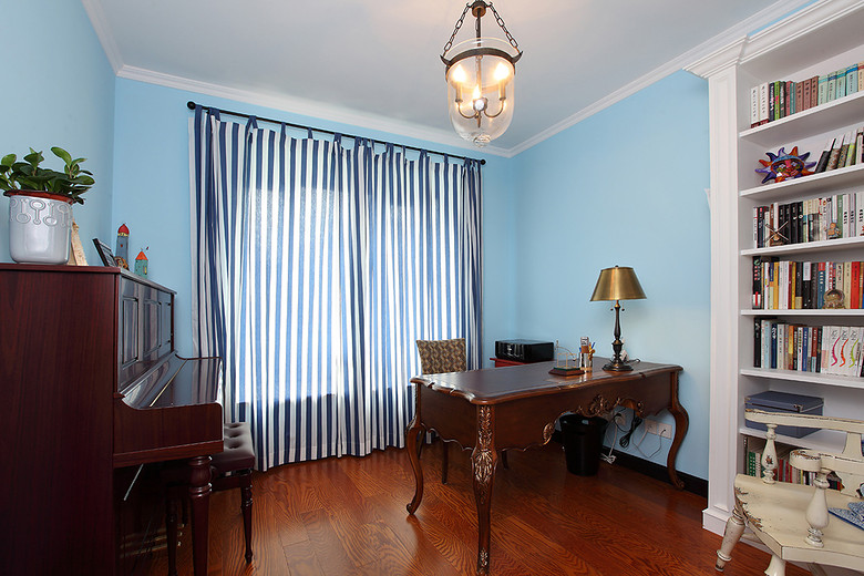 复古蓝色美式风格书房设计 - 效果图