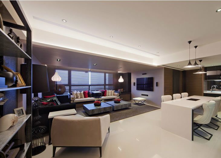 炫酷现代混搭风客餐厅一体图片 - 效果图