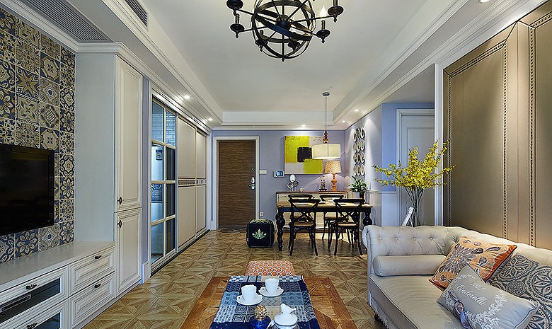 清新唯美混搭美式二居餐厅客厅一体欣赏 - 效果图