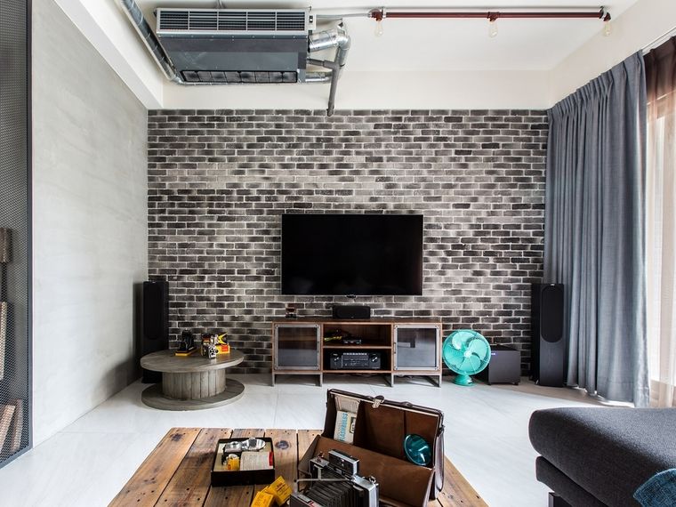 现代个性工业风客厅马赛克电视背景墙 - 效果图