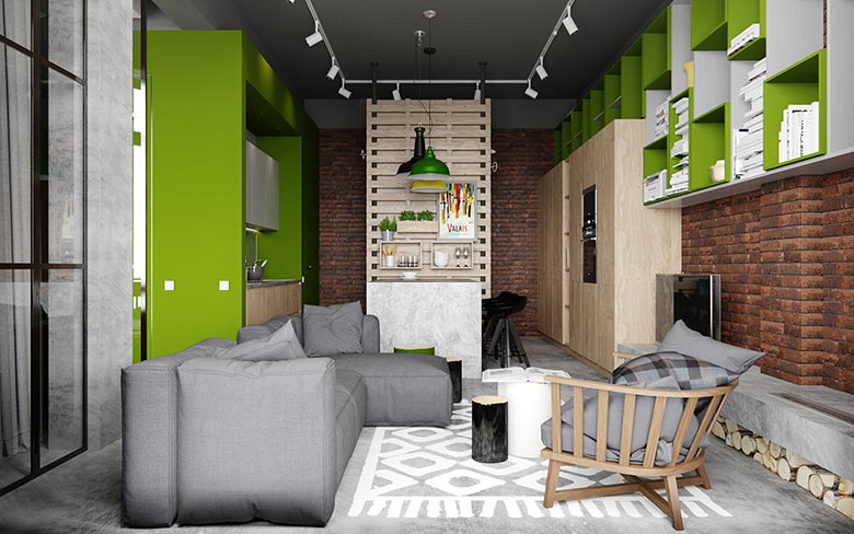 北欧混搭风挑高客厅 绿色墙面置物柜设计 - 效果图