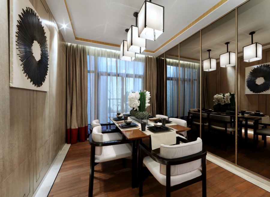 典雅新中式风格餐厅玻璃背景墙装饰图 - 效果图