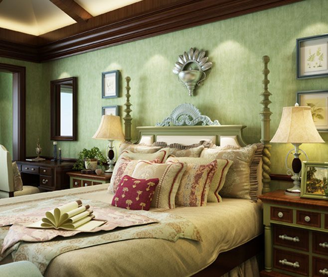 乡村欧式田园风卧室 抹绿色背景墙设计