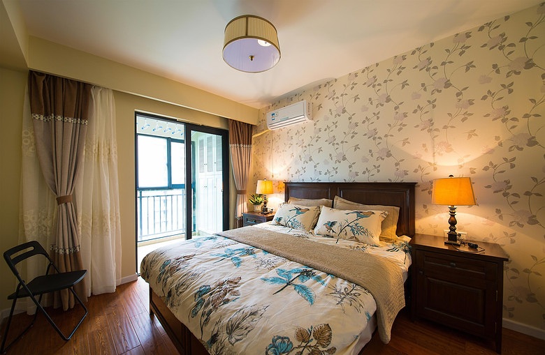 复古美式田园风卧室背景墙装饰图 - 效果图